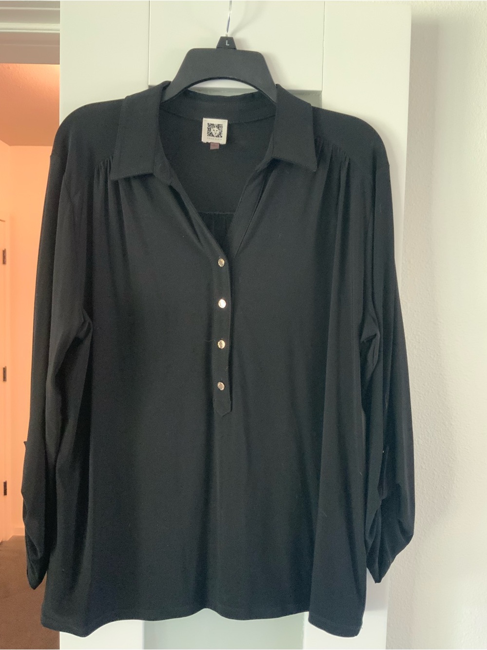 Anne Klein Black Long-Sleeve Button-Placket Collared Top